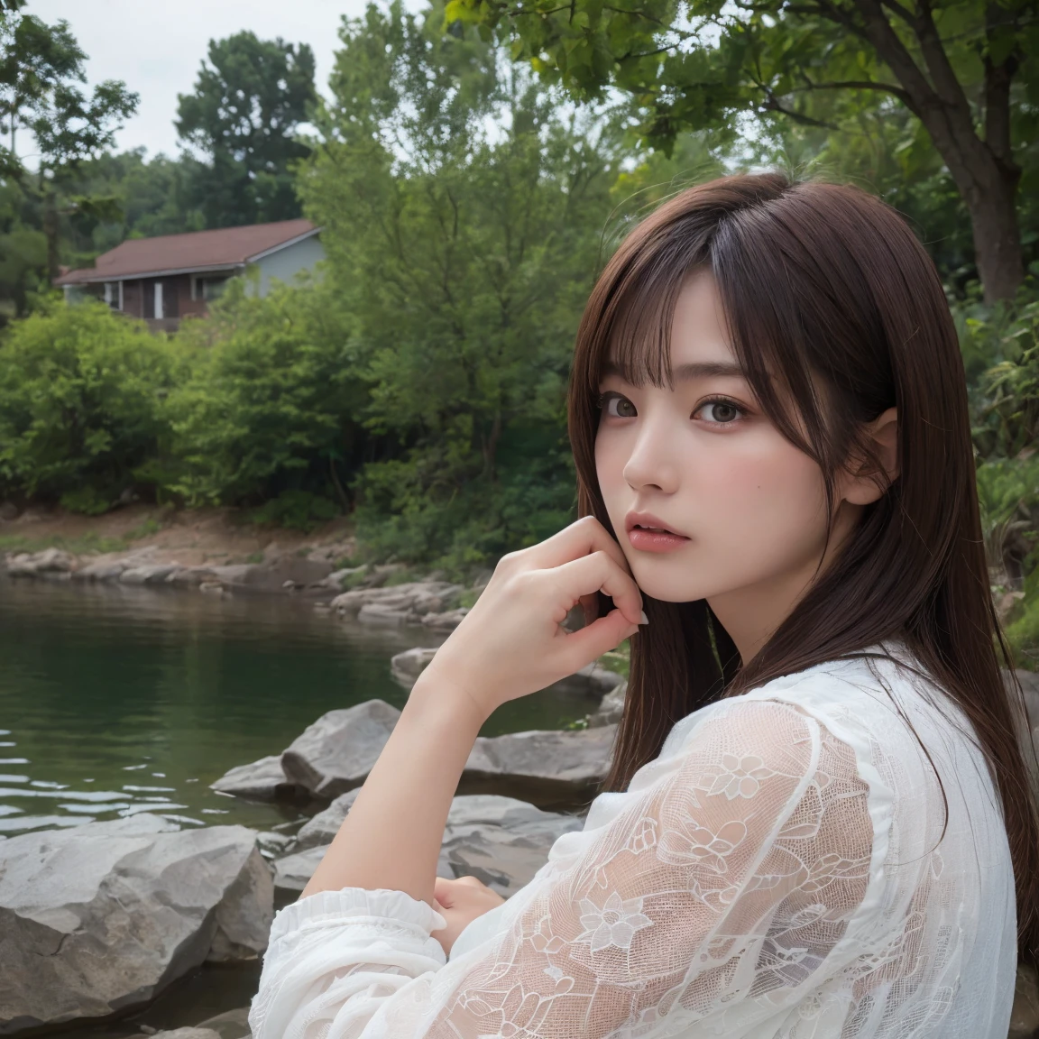 (Highest quality:1.4),(masterpiece:1.4),(Realistic:1.4),(Realistic:1.2),(超High resolution, RAW Photos:1.4),(High resolution, Very detailed:1.2),(8k:1.2),photograph,Brown Hair,length、one person's,alone,(White shirt),Big Breasts,((Upper Body:1.3))、Protruding nipples