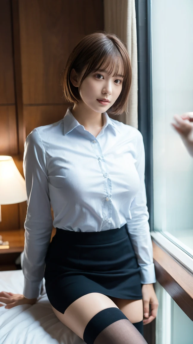 (8k, RAW Photos, Highest quality, masterpiece:1.2), (Professional photography, Full Color, Studio-level color grading), (High-end fashion magazine gravure quality),  break,18-year-old girl, (Short Bob Hair:1.1), Big Natural Color Lip, Plump body, (Smooth Skin:1.1), Huge breasts,  break, (Collared shirt:1.1), Pleated skirt, Knee-high socks, break, Hotel Rooms, cute , Hata