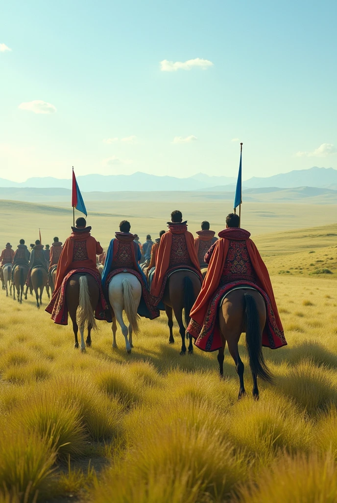 "Depict a vast, open steppe with a mix of green and golden grasses stretching to the horizon under a bright, clear sky. The scene features 1,000 modern Mongolians on horseback, riding together in a powerful, coordinated movement. The riders wear a mix of traditional and contemporary clothing—some in modern versions of the 'deel' with updated patterns and colors, while others wear outdoor gear like jackets and jeans, blending tradition with modernity. Their horses are strong and well-groomed, moving confidently across the steppe. Capture the sense of camaraderie and pride among the riders, with some carrying flags or symbols of Mongolia. The overall atmosphere should convey the harmony between tradition and the present, with the endless steppe highlighting the connection between the people and their land."