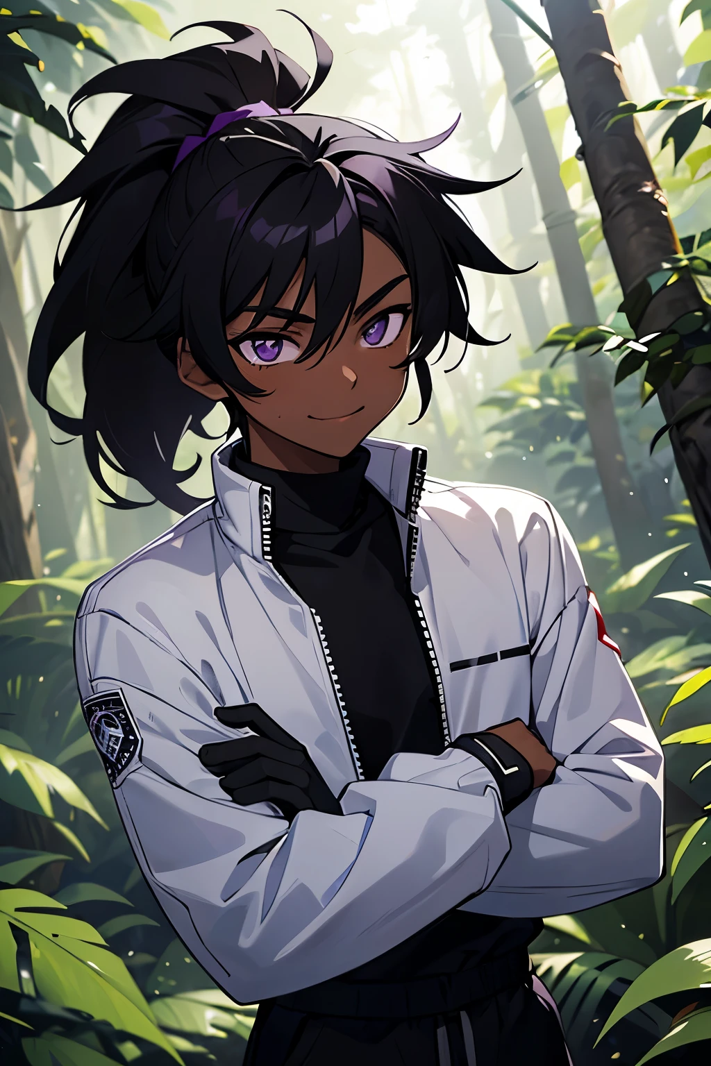 Young male, , dark skin, purple eyes, black hair, messy hair, hair with ponytail, long-sleeved shirt with white turtleneck, black sweatpants, white gloves, in a forest at day, black forest, smiling with your mouth closed, crossed arms