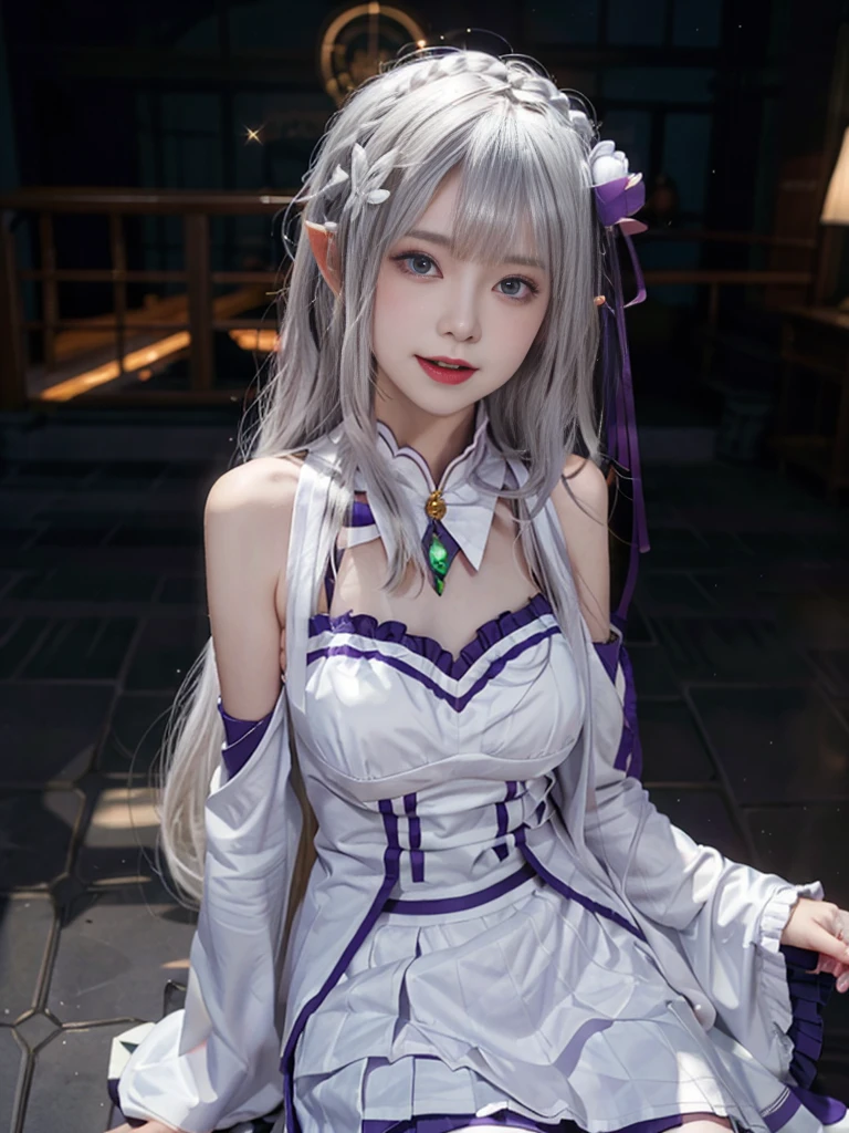 Highest quality、High resolution、Ultra-detailed、8k, Emilia、Emilia Masterpiece、Highest quality, In the castle courtyard, Bans, Clothes are white, 長いsleevemouth, just_shoulder, dull_前hair, Blurred, Blurred_background, Blurred_prospect, blush, Braid, chestout, huge breats,sexy body,chestの谷間, Closed_mouth, cloud, crown_Braiding, Tag, depth_In_Field, independent_sleeve, dress, Emilia_\(Again:Stay Night\), eyebrows_appear_Through_hair, flower柄, Precious stones, hair_flower, hair_Decorations have been removed, hair_ribbon, lens_Flare, length_hair, look up_in_Audience, low_length_hair, Moderate_chest, One_eye_Closed, Plein Air, Pleats_skirt, Spiky_ear, purple_eye, purple_ribbon, ribbon, Silver_hair, skirtの, null, Laughter, solo, very_length_hair, white_flower