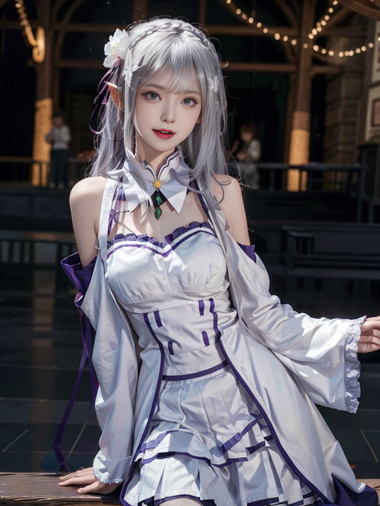 Highest quality、High resolution、Ultra-detailed、8k, Emilia、Emilia Masterpiece、Highest quality, In the castle courtyard, Bans, Clothes are white, 長いsleevemouth, just_shoulder, dull_前hair, Blurred, Blurred_background, Blurred_prospect, blush, Braid, chestout, huge breats,sexy body,chestの谷間, Closed_mouth, cloud, crown_Braiding, Tag, depth_In_Field, independent_sleeve, dress, Emilia_\(Again:Stay Night\), eyebrows_appear_Through_hair, flower柄, Precious stones, hair_flower, hair_Decorations have been removed, hair_ribbon, lens_Flare, length_hair, look up_in_Audience, low_length_hair, Moderate_chest, One_eye_Closed, Plein Air, Pleats_skirt, Spiky_ear, purple_eye, purple_ribbon, ribbon, Silver_hair, skirtの, null, Laughter, solo, very_length_hair, white_flower