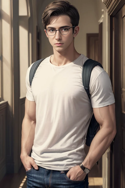 (Masterpiece, Hyperrealistic, 8k, HDR, RAW), ((Natural illumination)), window illumination, inside illumination, (((Inside a library filled woth books))), ((handsome man)), american boy, bad boy, ((Pale skin)), 18 years old, ((White t-shirt with modern desing)), ((Tight t-shirt)), ((Glasses)), ((Short curly hair)), ((Toned muscular body)), ((Brown hair)), serene face, grin, perfect anatomy
