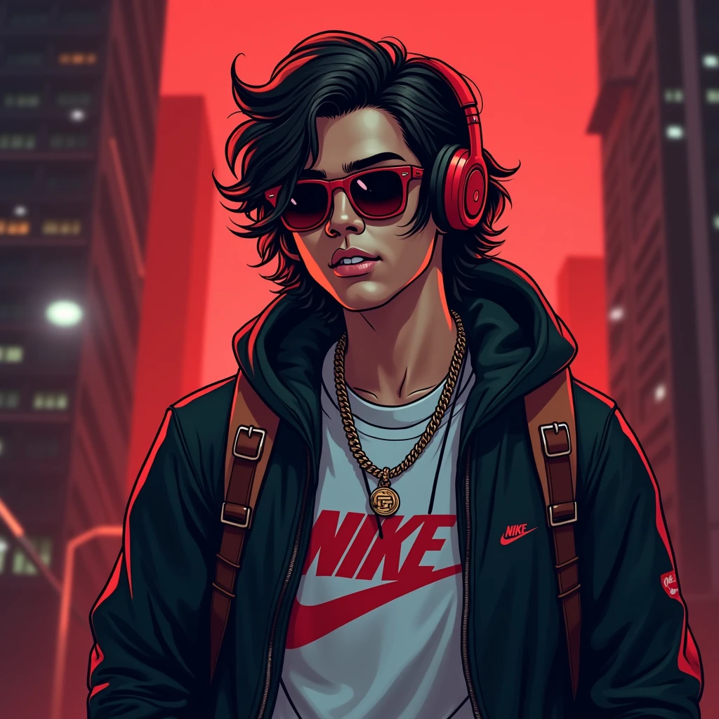 A stylized illustration, with framing from the waist up, This type of art will be based on cartoon and manga fundamentals.. A man who looks like Tom Holland in a Nike shirt, trap singer style and a background with dark colors red vibe, with headphones and a black jacket, wearing Gucci sunglasses, medium hair. with a backpack on your back