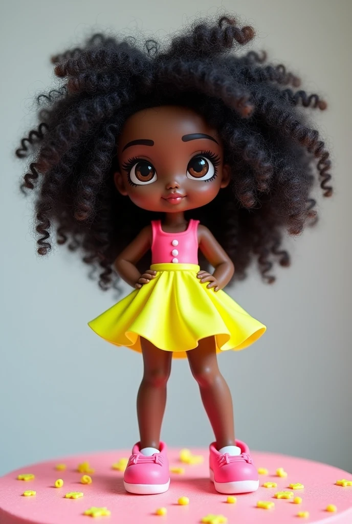 A cake topper featuring a curly black teenager, neon dress, chubby,Eye Brown