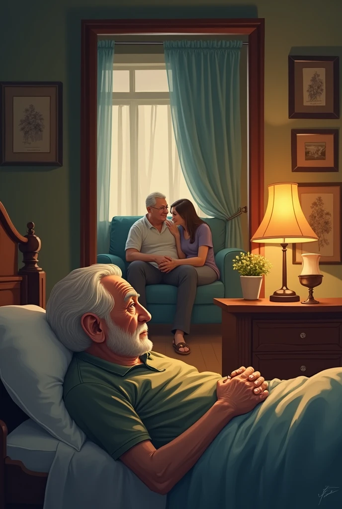 An image of an elderly man watching his daughter and son-in-law who are on the sofa, while they were in the room,from the mirror, and the gentleman was lying in his bed