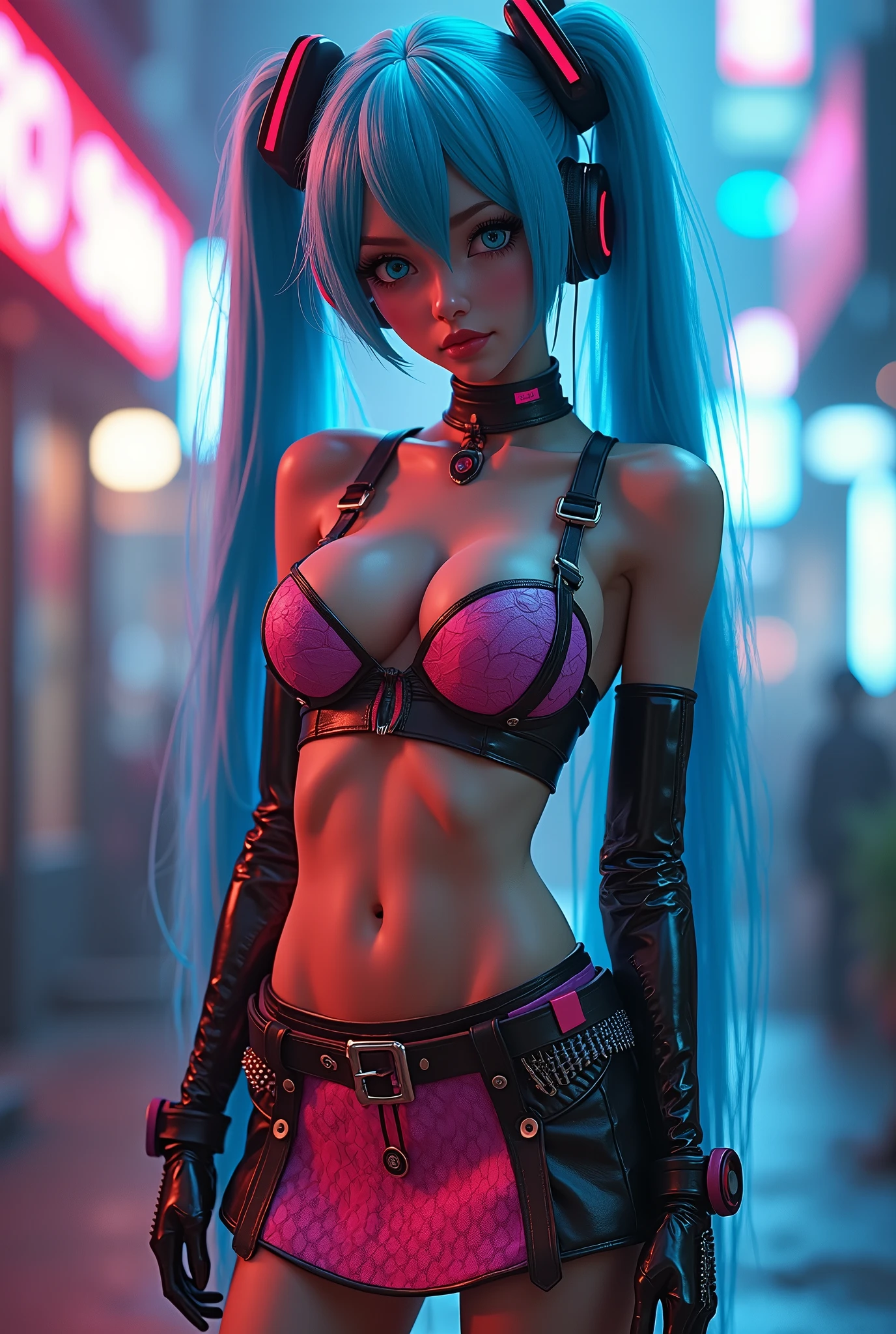 hatsune miku, thick, vocaloid, blue hair, blue eyes, ai girl, cyberpunk, punk, neon skirt, (cleavage), large breasts, ai girl, 
