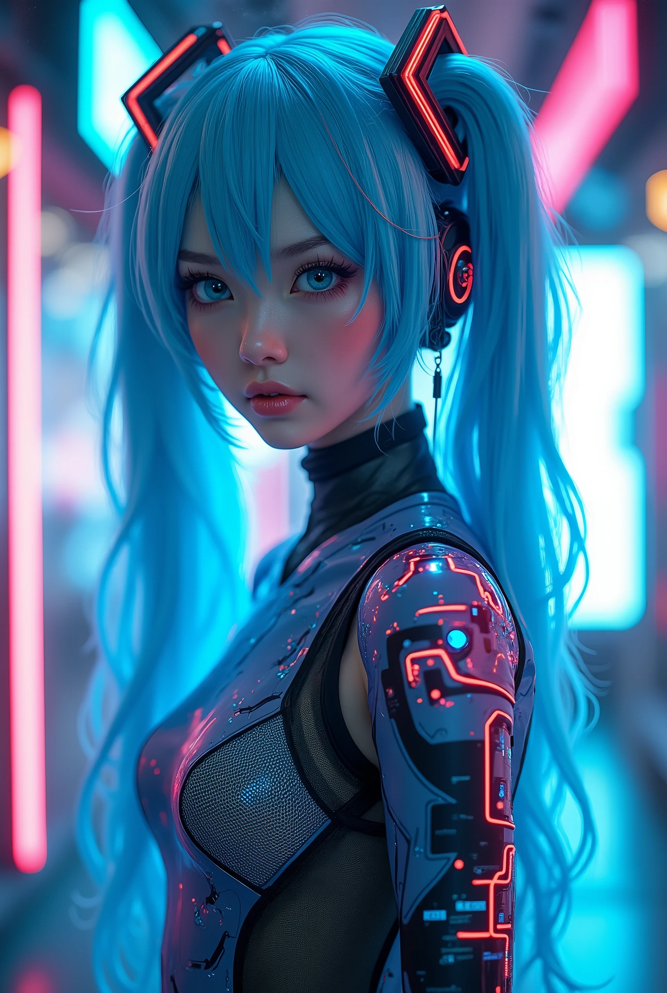 hatsune miku, vocaloid, blue hair, blue eyes, ai girl, wearing neon neno tech suit,