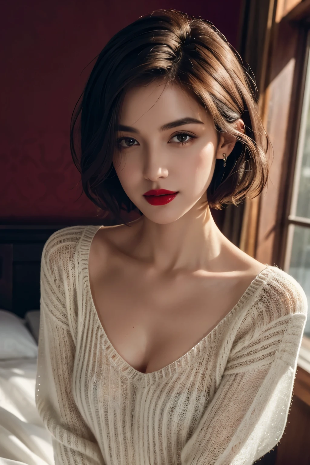 Tabletop, highest quality, Realistic, Very detailed, finely, High resolution, 8k wallpaper, RAW Photos, Professional photography, Written boundary depth, One Woman, 28 years old, Bedroom, (Red lips), ((Looking into the camera)), Upper Body, short hair, Bob Hair, (Straight hair), Shapely small breasts, (V-neck see-through knit sweater)