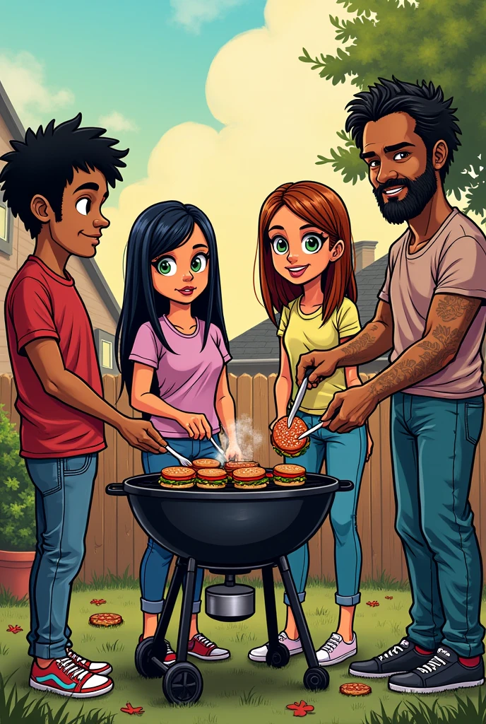 graffiti style drawing of 4 friends, being 1 ,Tall man, Scrawny, black hair and small eyes, other tall men, plumpness, straight black hair, 1 tall woman, slim, long hair and green eyes, and another short woman, russet hair, chubby. Everyone making burgers on the grill at home.