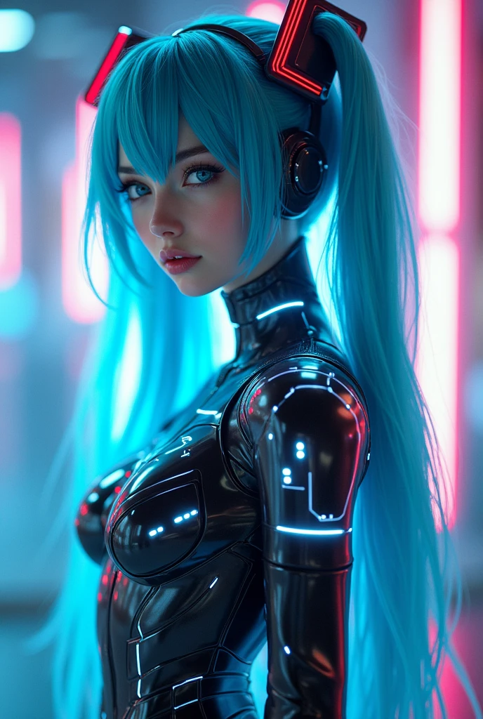 hatsune miku, vocaloid, blue hair, blue eyes, ai girl, wearing neon neno tech suit, 
