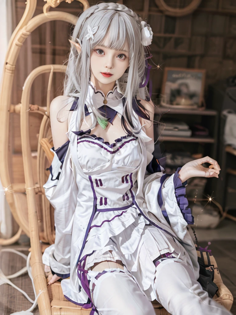 Highest quality、High resolution、Ultra-detailed、8k, Emilia、Emilia Masterpiece、Highest quality, In the castle courtyard, Bans, Clothes are white, 長いsleevemouth, just_shoulder, dull_前hair, Blurred, Blurred_background, Blurred_prospect, blush, Braid, huge breats,sexy body,chestout, chestの谷間, Closed_mouth, cloud, crown_Braiding, Tag, depth_In_Field, independent_sleeve, dress, Emilia_\(Again:Stay Night\), eyebrows_appear_Through_hair, flower柄, Precious stones, hair_flower, hair_Decorations have been removed, hair_ribbon, lens_Flare, length_hair, look up_in_Audience, low_length_hair, Moderate_chest, One_eye_Closed, Plein Air, Pleats_skirt, Spiky_ear, purple_eye, purple_ribbon, ribbon, Silver_hair, skirtの, null, Laughter, solo, very_length_hair, white_flower