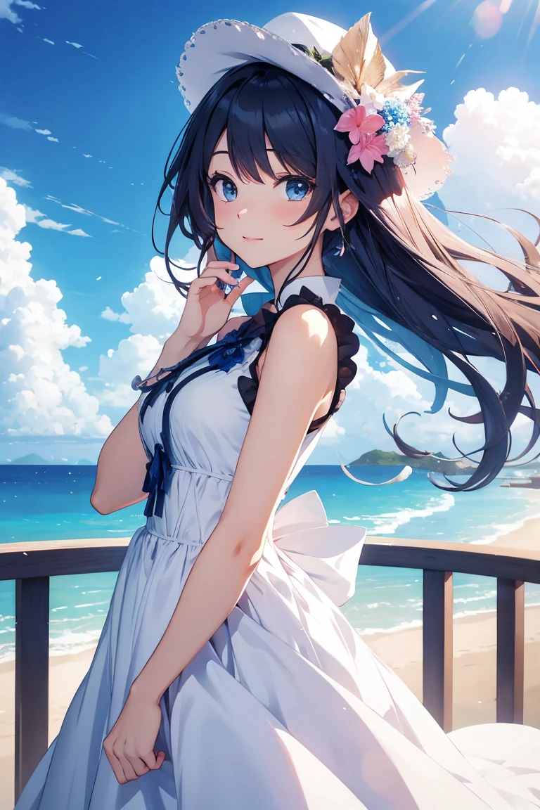 beautiful dress, female anime happy woman, clouds, blue sky, sea