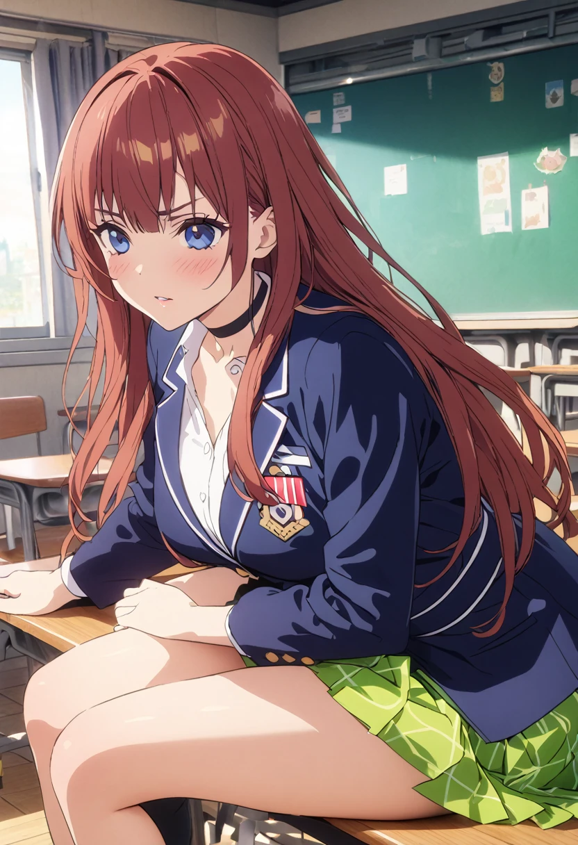 (Highest quality, 4K, 8k, High resolution, masterpiece:1.2), Very detailed, Picturesque, Animated Photography, Photo Animation:1.37)、Japanese girl、(brown Hair)、(long hair)、uniform、White shirt、Yellow-green checkered skirt、Navy blue jacket、Black choker、classroom、Nakano Nino