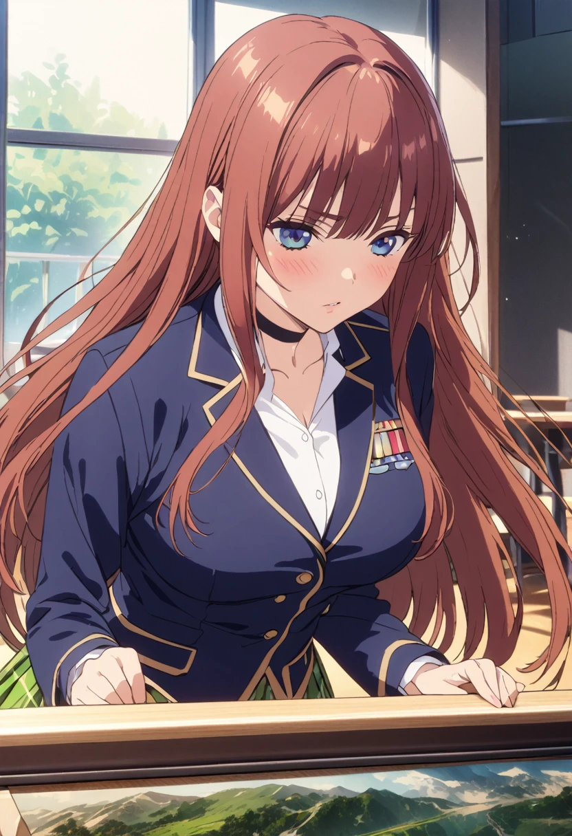 (Highest quality, 4K, 8k, High resolution, masterpiece:1.2), Very detailed, Picturesque, Animated Photography, Photo Animation:1.37)、Japanese schoolgirl、(brown Hair)、(long hair)、uniform、White shirt、Yellow-green checkered skirt、Navy blue jacket、Black choker、classroom、Nakano Nino