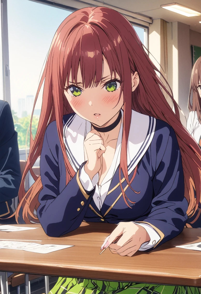 (Highest quality, 4K, 8k, High resolution, masterpiece:1.2), Very detailed, Picturesque, Animated Photography, Photo Animation:1.37)、Japanese girl、(brown Hair)、(long hair)、uniform、White shirt、Yellow-green checkered skirt、Navy blue jacket、Black choker、classroom、Nakano Nino