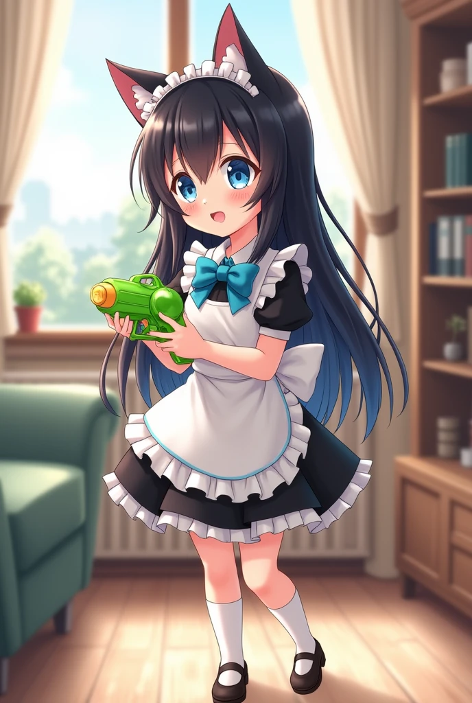 An innocent 4-year-old fantasy anime girl with big and blue eyes that twinkle in the room light, playfully and softly chuckles with blushed cheeks, while she is standing facing you, Her head is slightly turned to the right, her white and black and blue baby maid outfit with unreal cat ears and two blue bow ties on her head, fairly long straight black hair, in the middle of the living room , a Green water gun in her left hand