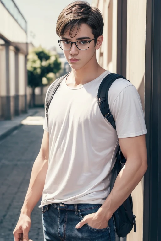 (((masterpiece))), ((Best Quality)), ((intricate-detail)), absurd res, Highly detailed, Illustration, 1boy, Perfect hands, Detailed fingers, Beautiful detailed eyes, short hair, black eyes, (plain white t-shirt, glasses, jeans), muscular, veiny arms, standing, backpack, avoiding gaze, ((scared)), shy, blush, school corridor, natural light, sunlight, warm light