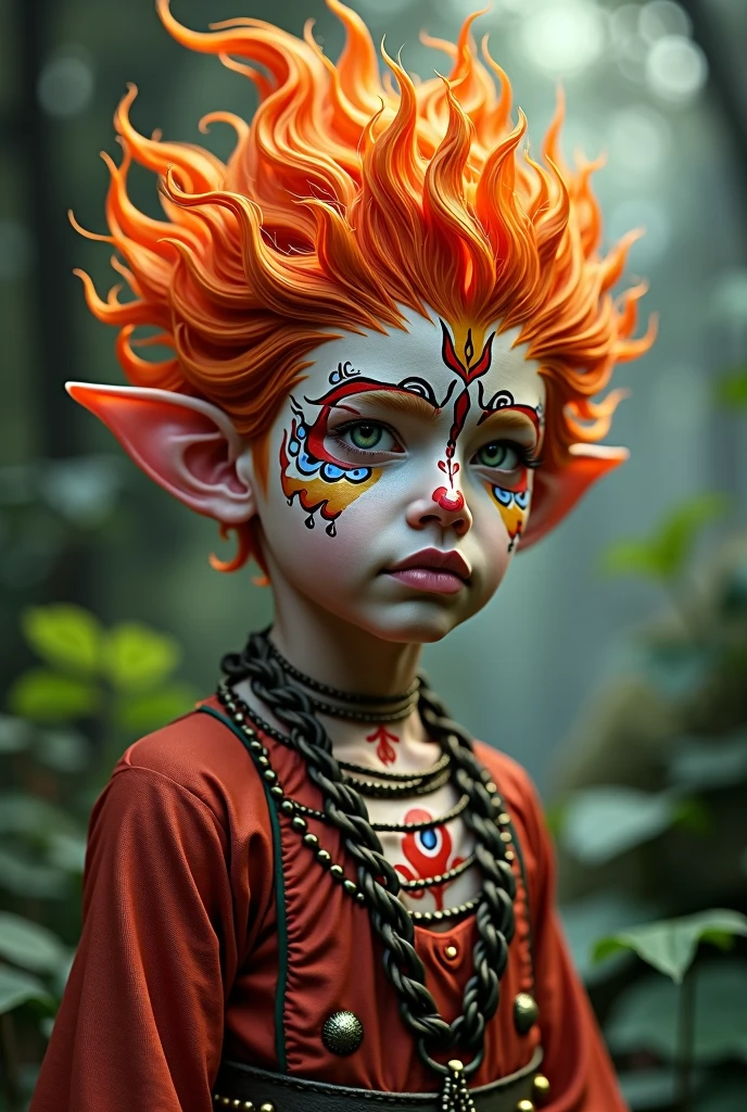 Creates the image of Curupira.
Description, a white boy with fiery hair, Indian features and with Indian facial paint reminiscent of fire and elven ears.