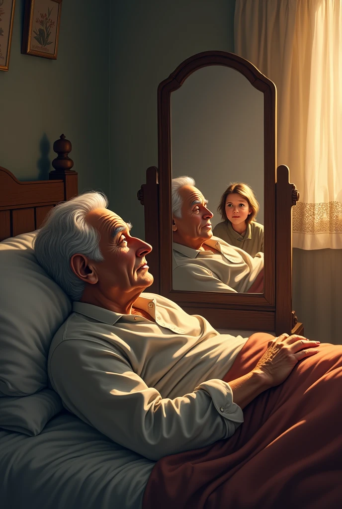 An image of an elderly man watching his daughter and son-in-law who are on the sofa, while they were in the room,from the mirror, and the gentleman was lying in his bed