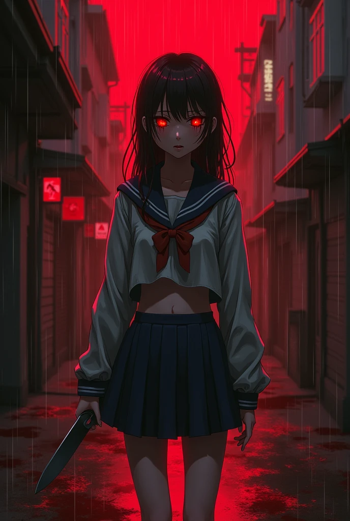 masterpiece, best quality, looking at viewer, facing viewer, bare legs, 1girl, solo, upper body, bow, serafuku, disgusted face, night time, heavy rain, outdoors, city, crop top, navel, wet clothes, drenched, overly long sleeves, hands in sleeves, blood tears, blood marks, dark alleyway, blood splattered on the ground, red bright light, glowing eyes, depth of field,holding a knife,red sky, atmofer,perfect hands