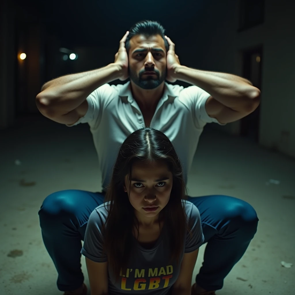 cinematic photo: a IRANIAN 30-years old male wearing white button up shirt and tight blue pants, he’s squatting down with both hands behind his head, showing off sweaty armpits, big bulge, sweaty, slight smile. He’s squatting down behind a sad 30-years old female wearing lgbt shirt, she’s scared and sad. He’s behind her, squatting behind her. He’s behind her