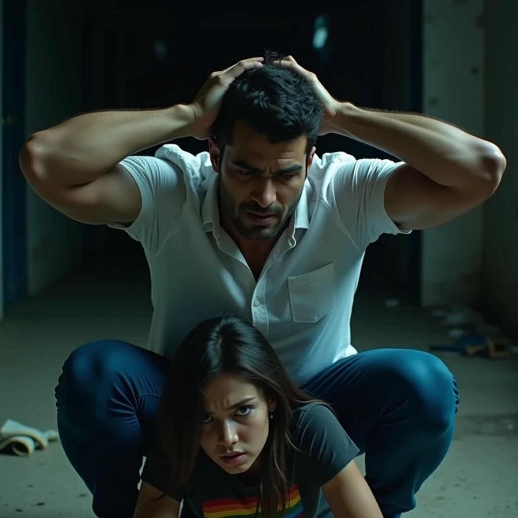 cinematic photo: a IRANIAN 30-years old male wearing white button up shirt and tight blue pants, he’s squatting down with both hands behind his head, showing off sweaty armpits, big bulge, sweaty, slight smile. He’s squatting down behind a sad 30-years old female wearing lgbt shirt, she’s scared and sad. He’s behind her, squatting behind her. He’s behind her 