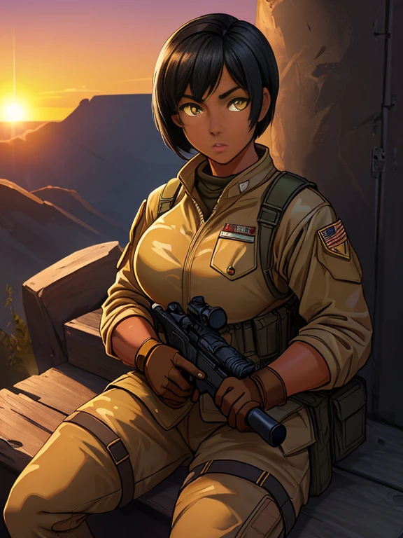 (26 year old:1.3), (tanned bronze skin:1.4), (Yellow colored eyes:1.4), (Short Black Hair:1.3), (Wearing: USA marine corps uniform, camouflage military uniform, armor and gloves), army girl, soldier girl, infantry girl, (sunset :1.2),(Sitting with hands holding a rifle:1),(surprised), highest quality, ultra-high resolution, absurdity, realistic, physically based rendering, cinematic lighting, complex and cinematic appearance, cinematic soft light, soothing tone, dynamic angle
