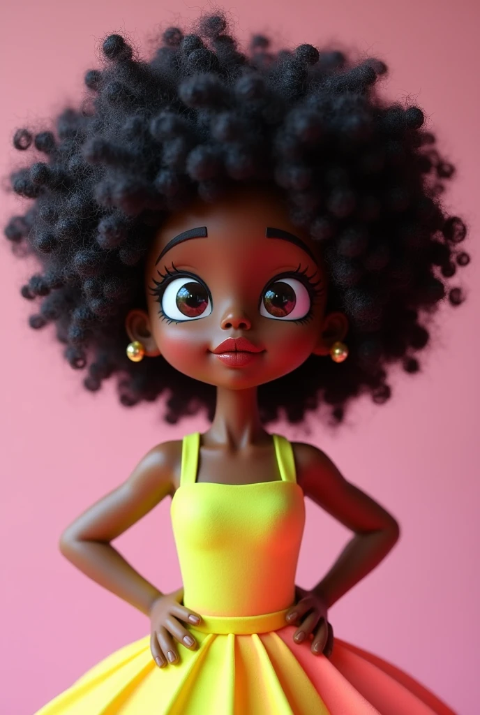 A cake topper featuring a curly black ager, neon dress, chubby,Eye Brown