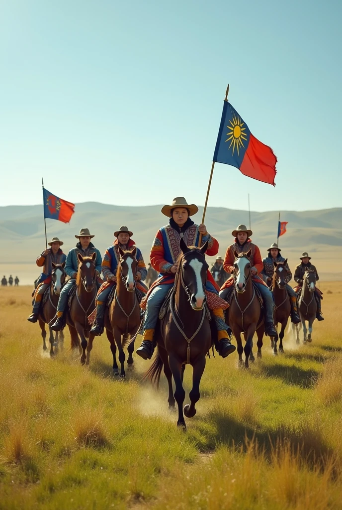 "Depict a vast, open steppe with a mix of green and golden grasses stretching to the horizon under a bright, clear sky. The scene features 1,000 modern Mongolians on horseback, riding together in a powerful, coordinated movement. The riders wear a mix of traditional and contemporary clothing—some in modern versions of the 'deel' with updated patterns and colors, while others wear outdoor gear like jackets and jeans, blending tradition with modernity. Their horses are strong and well-groomed, moving confidently across the steppe. Capture the sense of camaraderie and pride among the riders, with some carrying flags or symbols of Mongolia. The overall atmosphere should convey the harmony between tradition and the present, with the endless steppe highlighting the connection between the people and their land."