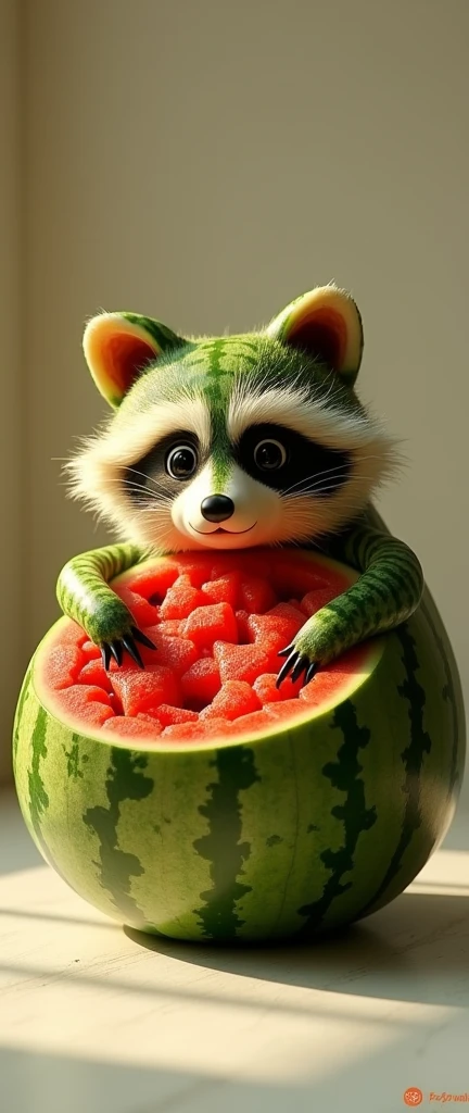 A captivating conceptual art image of a watermelon sculpture meticulously carved into the form of an adorable, extra fluffy baby raccoon. The artist's mastery is displayed through the intricate details and textures, such as the fur, eyes, and tiny paws. Soft, warm lighting envelops the sculpture, emphasizing its beauty and the contrast between the fruit's flesh and rind. The background remains simple and neutral, allowing the watermelon raccoon to take center stage and captivate the viewer's attention., photo, conceptual art, 3d render