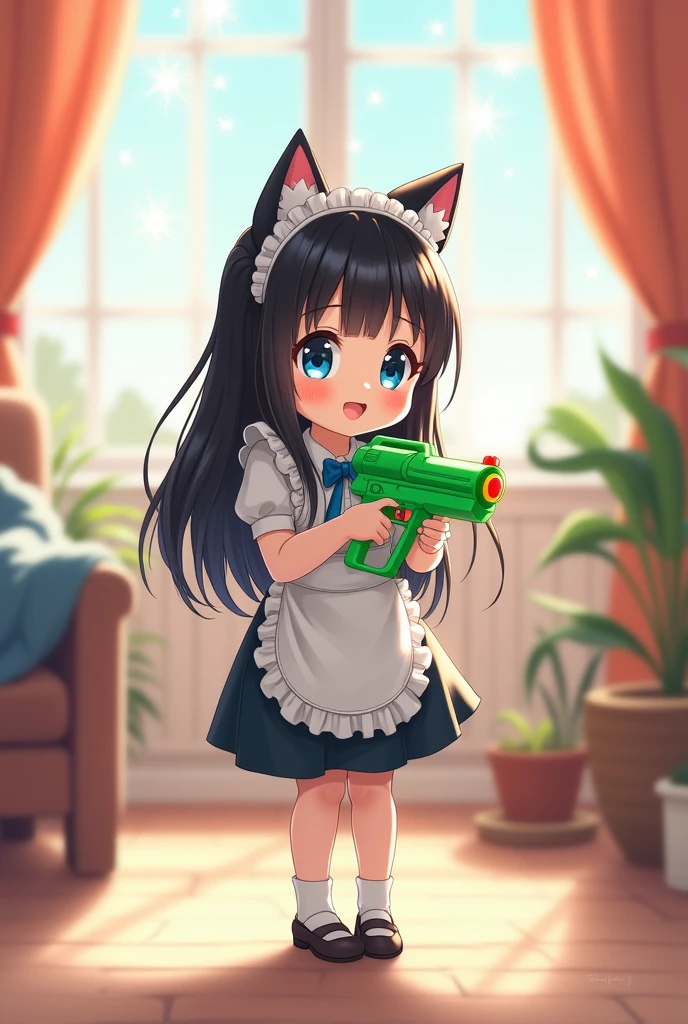 An innocent 4-year-old fantasy anime girl with big and blue eyes that twinkle in the room light, playfully and softly chuckles with blushed cheeks, while she is standing facing you, Her head is slightly turned to the right, her white and black and blue baby maid outfit with unreal cat ears and two blue bow ties on her head, fairly long straight black hair, in the middle of the living room , a Green water gun in her left hand