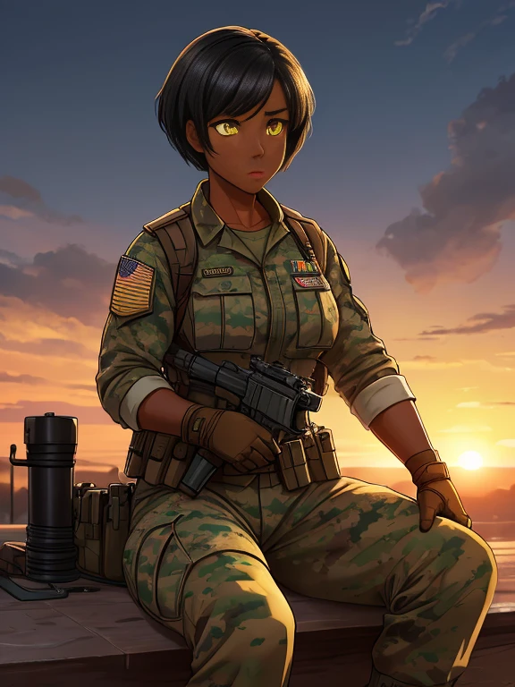 (26 year old:1.3), (tanned bronze skin:1.4), (Yellow colored eyes:1.4), (Short Black Hair:1.3), (Wearing: USA marine corps uniform, camouflage military uniform, armor and gloves), army girl, soldier girl, infantry girl, (sunset :1.2),(Sitting with hands holding a rifle:1),(surprised), highest quality, ultra-high resolution, absurdity, realistic, physically based rendering, cinematic lighting, complex and cinematic appearance, cinematic soft light, soothing tone, dynamic angle
