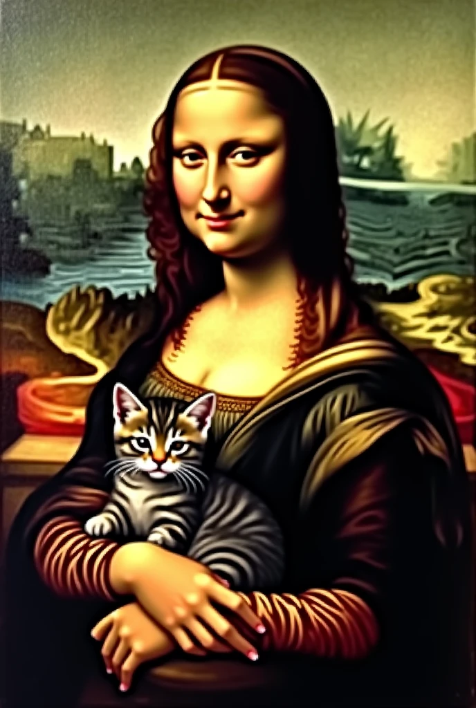 Mona Lisa painting, with furry striped kitten on her lap