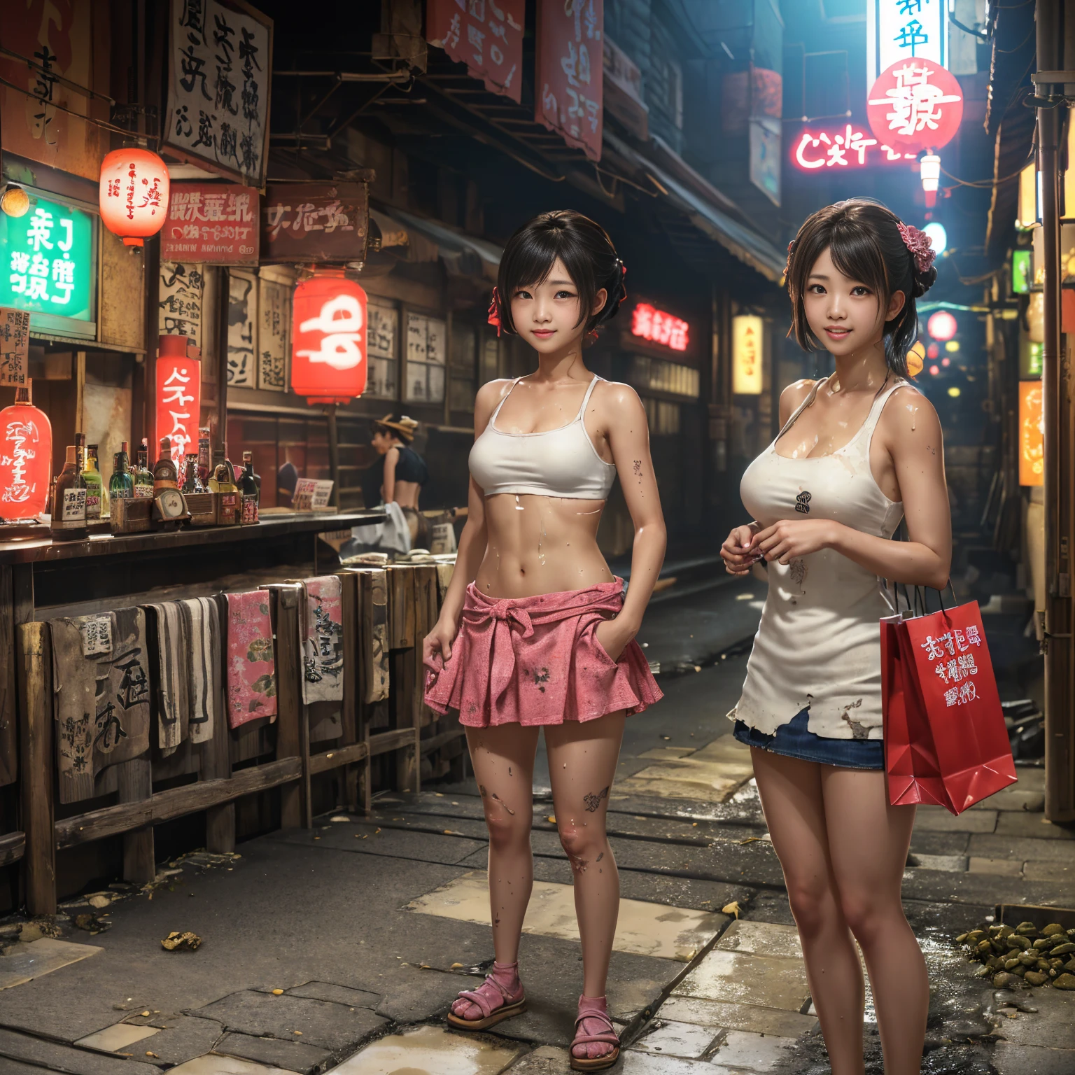 
((masterpiece、Highest quality))、Beautiful girls gather.、Three girls in summer clothes、((Showa Retro:1.2、Hot Spring Town、Hot spring facilities))、(Detailed and cute face:1.3、Tank top、mini skirt)、(Poor conditions、smile、Japan's poor neighborhoods、Dim and unsanitary、Standing Bar、みんなで楽しくdiet、Crumbling underground shopping mall:1.3)、屋台のdiet店、stage、sewage、Dirty shop、street vendors、Unsanitary and abandoned city、smile、diet、Poor person々