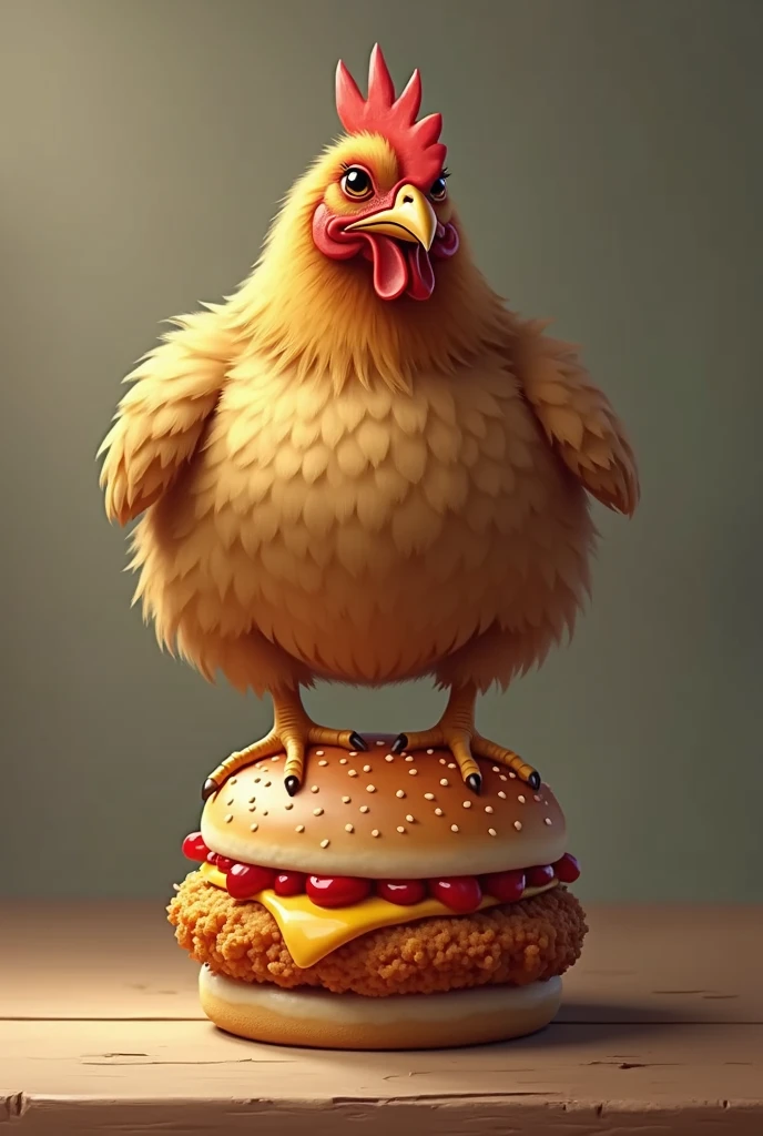 A chicken on a fried chicken burger, taking care of her, very realistic and lots of detail