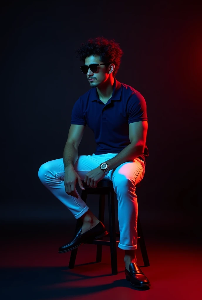 A  tan boy with gym body and black curly hair and navy blue polo t shirt and white long trousers and old watch on it and black loafers sitting on black stool and black background red and blue light on it the boy turning right side and wereing a sunglass 