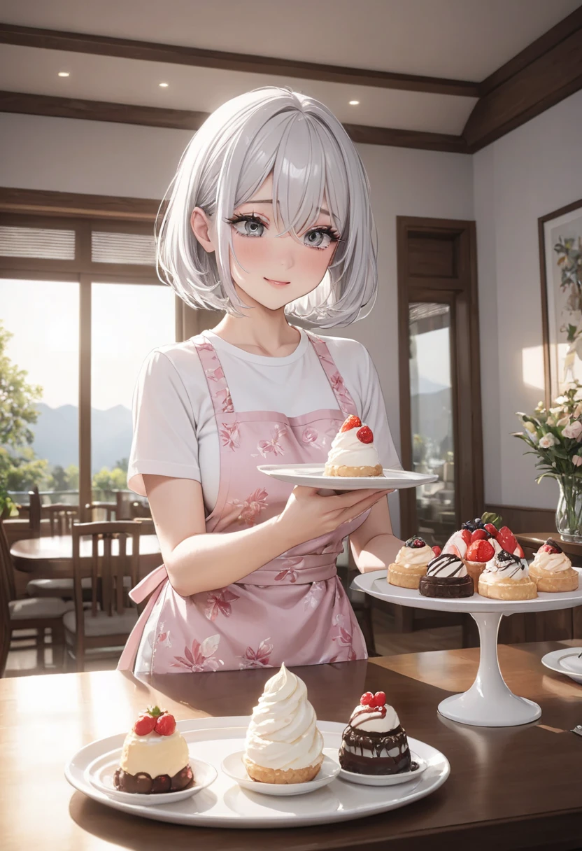 masterpiece, glowing particles, ambient lights, cute, full body detailed, 32K, high details, perfect lighting, perfect anatomy, soft light, BREAK ((shiny silver hair)), bob cut, bang between eyes, beautiful hair), (glossy silver eyes:1.5), (beautiful eyes, twinkle eyes, large eyes, close eyes), BREAK (athlete body, large breasts), cute face, beautiful face, pretty face, beautiful, best quality, good anatomy, long eyelashes, expressive eyes, Perfect Hands, BREAK pink botanical print apron, white shirt, short sleeves, morning, dining room, BREAK (indoor, Dining room, Mountains of desserts, dining room), She is holding a huge luxury ice cream with berry sauce on a tray and holding it out with both hands,