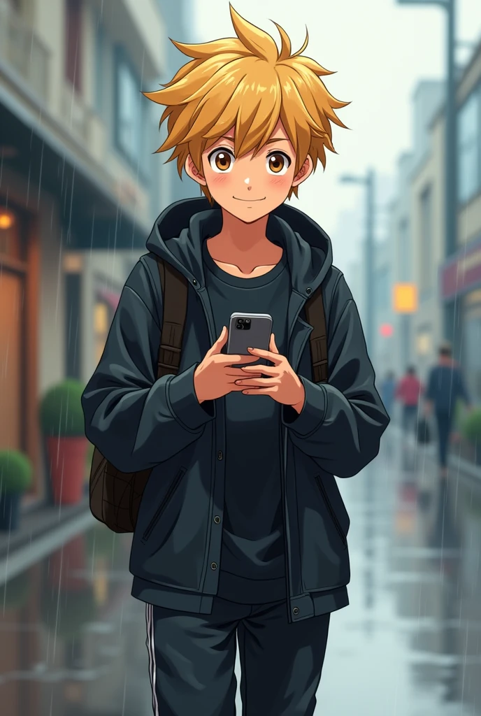 Boy 1.75 tall, with white skin, fluttering and messy blonde hair, Brown eyes, with a black long sleeve, black gym pants and wearing a black rain jacket, using his cell phone while smiling. anime style