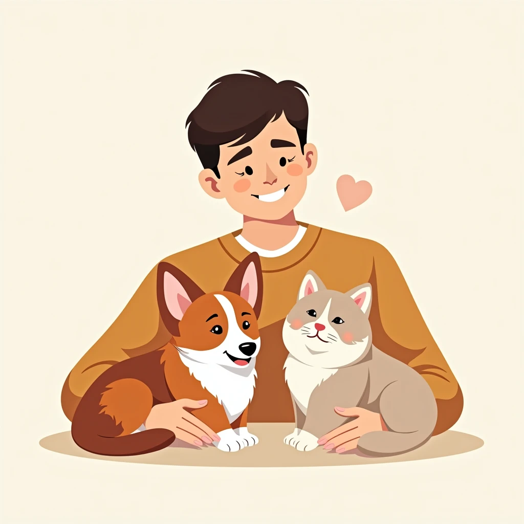 Create a logo with a man petting a corgi puppy and a ragdoll kitty on his lap, illustration, logo design