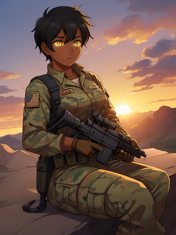 (26 year old:1.3), (tanned bronze skin:1.4), (Yellow colored eyes:1.4), (Short Black Hair:1.3), (Wearing: USA marine corps uniform, camouflage military uniform, armor and gloves), army girl, soldier girl, infantry girl, (sunset :1.2),(Sitting with hands holding a rifle:1),(surprised), highest quality, ultra-high resolution, absurdity, realistic, physically based rendering, cinematic lighting, complex and cinematic appearance, cinematic soft light, soothing tone, dynamic angle
