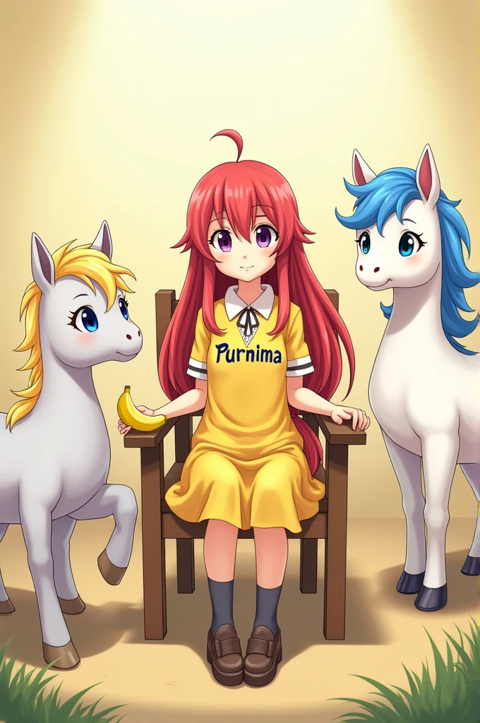 A  girl siting on chair with long red hair with two poney with bright blue eyes on long yellow school Unform with the name purnima on her dress having banana