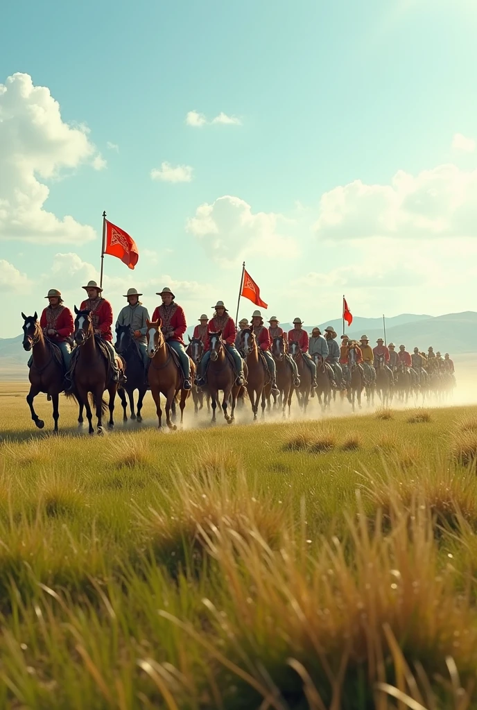 "Depict a vast, open steppe with a mix of green and golden grasses stretching to the horizon under a bright, clear sky. The scene features 1,000 modern Mongolians on horseback, riding together in a powerful, coordinated movement. The riders wear a mix of traditional and contemporary clothing—some in modern versions of the 'deel' with updated patterns and colors. Their horses are strong and well-groomed, moving confidently across the steppe. Capture the sense of camaraderie and pride among the riders, with some carrying flags or symbols of Mongolia. The overall atmosphere should convey the harmony between tradition and the present, with the endless steppe highlighting the connection between the people and their land."