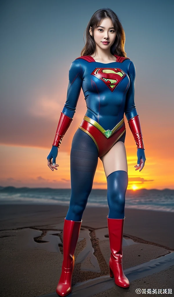 No background、(((Beautiful legs in black tights.)))、(((Legally express the beauty of your smile)))、((((Make the most of your original images)))、(((Supergirl Costume)))、(((Beautiful Hair)))、(((suffering)))、(((Please wear black tights....、Wear red boots)))、((Best image quality、8K))、((highest quality、8K、masterpiece:1.3))、(((Preserve background )))、Sharp focus:1.2、Beautiful woman with perfect figure:1.4、Thin abdominal muscles:1.2、Wet body:1.5、Highly detailed face and skin texture、8K, , (Thick thighs:1.3)