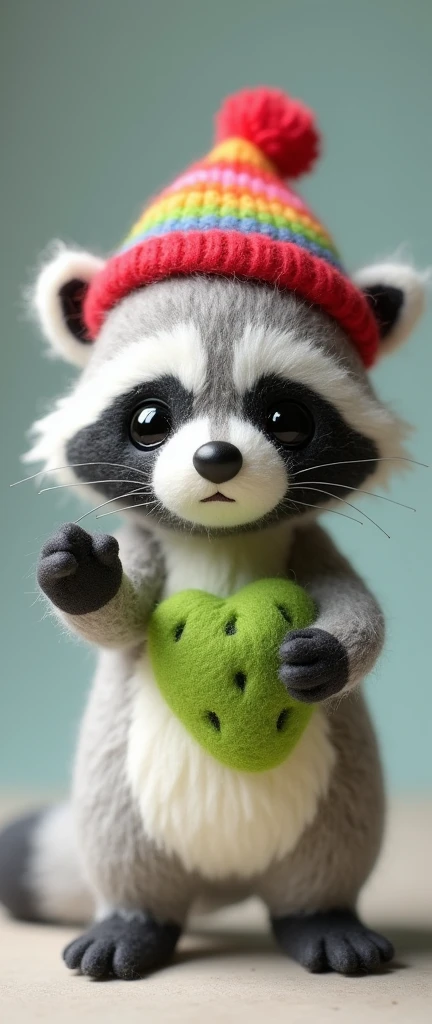 A charming handcrafted felted toy cute extra fluffy baby realistic raccoon, featuring a fluffy white body adorned with gray and black facial markings. This RACOON dons a chic RAINBOW hat that harmoniously matches its distinctive gray paw pads. Holding court in its tiny paw is a delightful green strawberry-shaped object., photo, 3d render, conceptual art, product