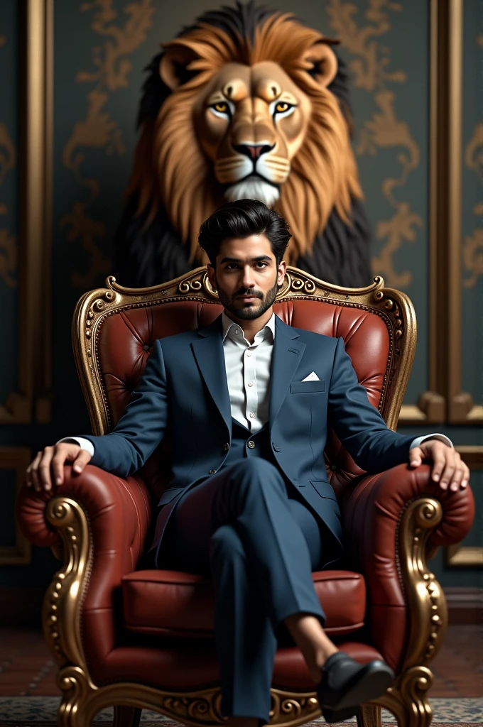 A 24 year old indian handsome sitting in in big chir with lion standing in a back and behind the chair in wall profile name is written Sarfarazsayedi 