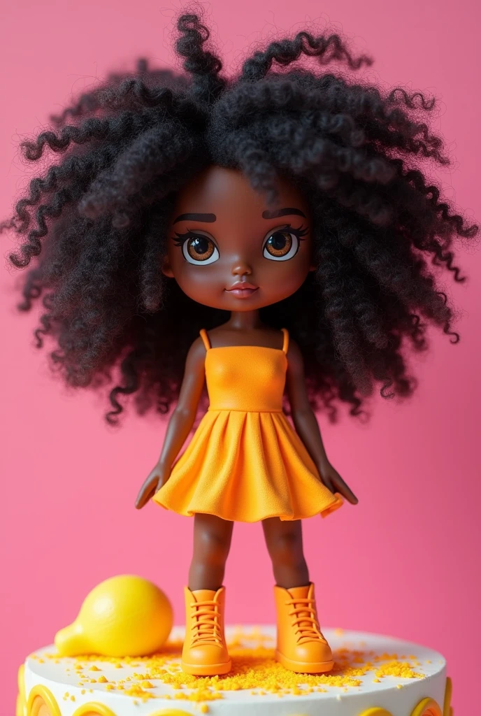 A cake topper featuring a curly black teenager,  neon dress, chubby,Eye Brown 
