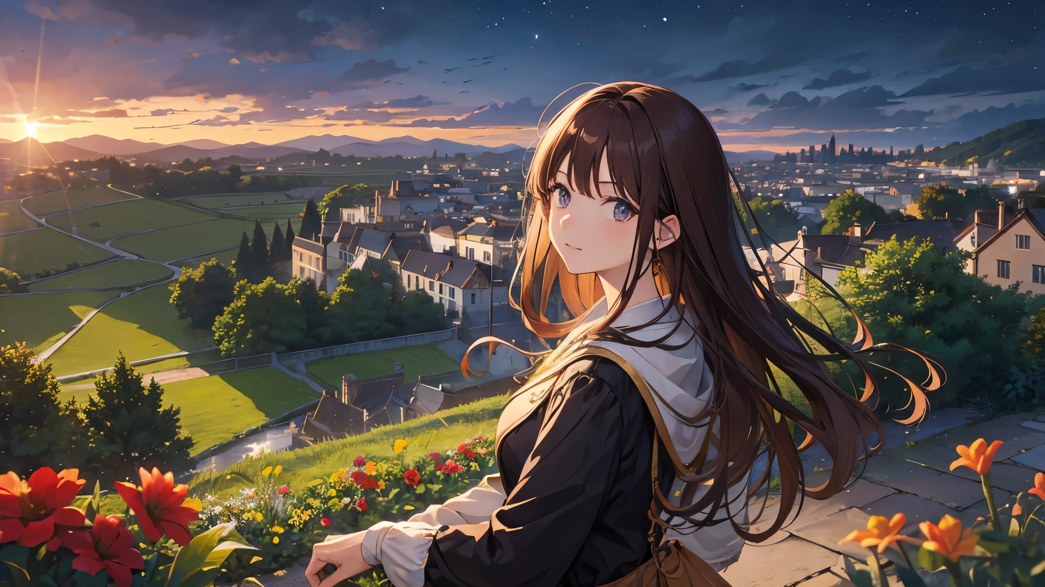 masterpiece,Highest quality,One person,Hair color is brown，semi-long, Kind eyes，Gradient Hair,countryside,Cityscape,Flowers and plants,night空,scenery,night,Light perception,one piece