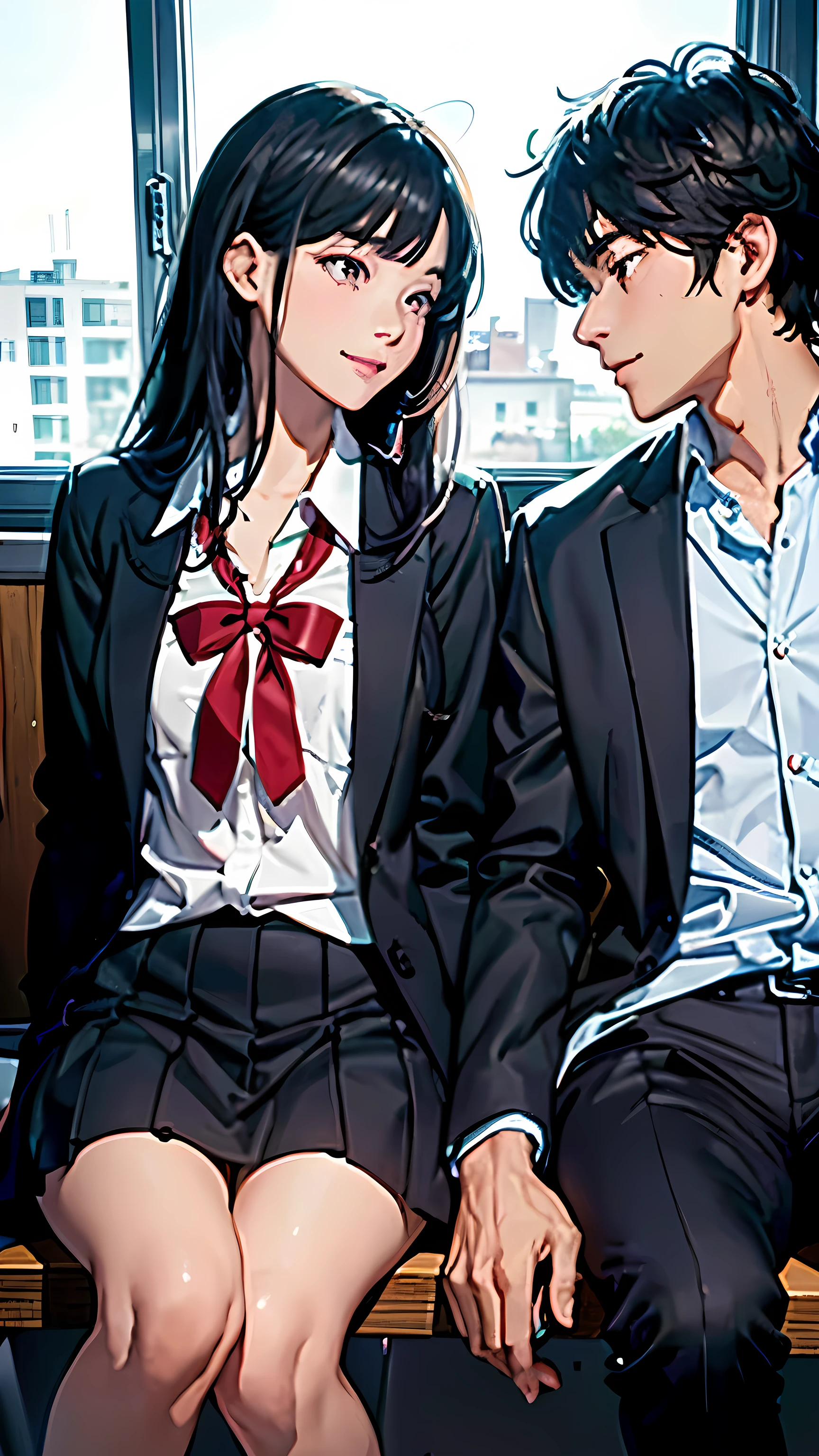 Highest quality　masterpiece　Male and female couple　Black Hair　smile　sit opposite each other in a high school classroom　Staring at each other　Talking happily　High School Uniform　Close-up of the upper body of a man and woman