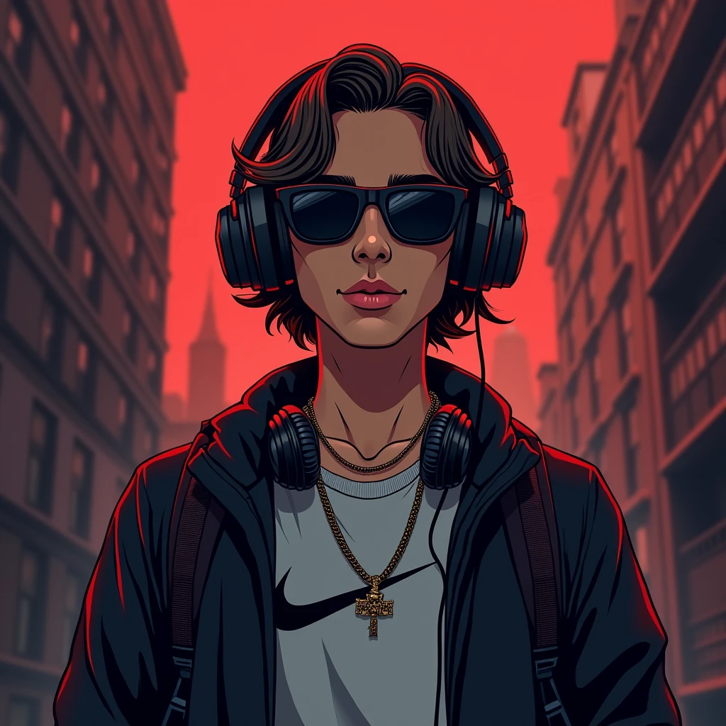  A stylized illustration, with framing from the waist up, This type of art will be based on cartoon and manga fundamentals.. A man who looks like Tom Holland in a Nike shirt, trap singer style and a background with dark colors red vibe, with headphones and a black jacket, wearing Gucci sunglasses, medium hair. with a backpack on your back 